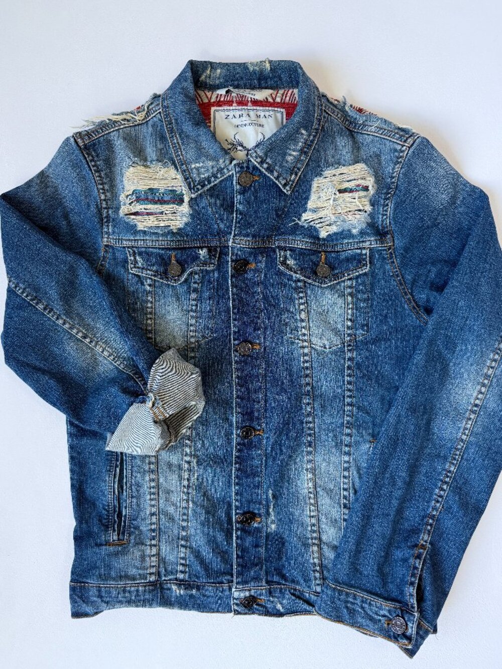 Zara Man Denim Couture Distressed Trucker Jacket Blue Cotton Size